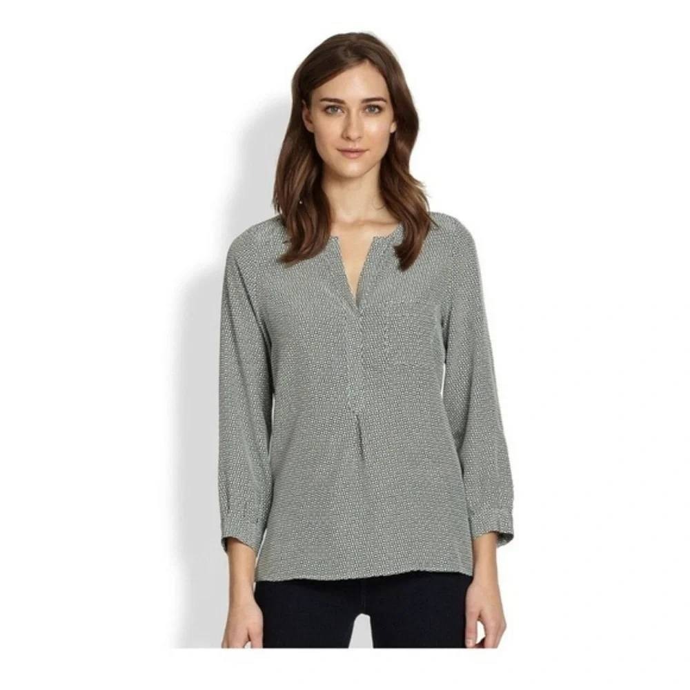 Joie Venicia Blouse S Grey Geometric Print V-Neck 100% Silk Long Sleeve Pullover